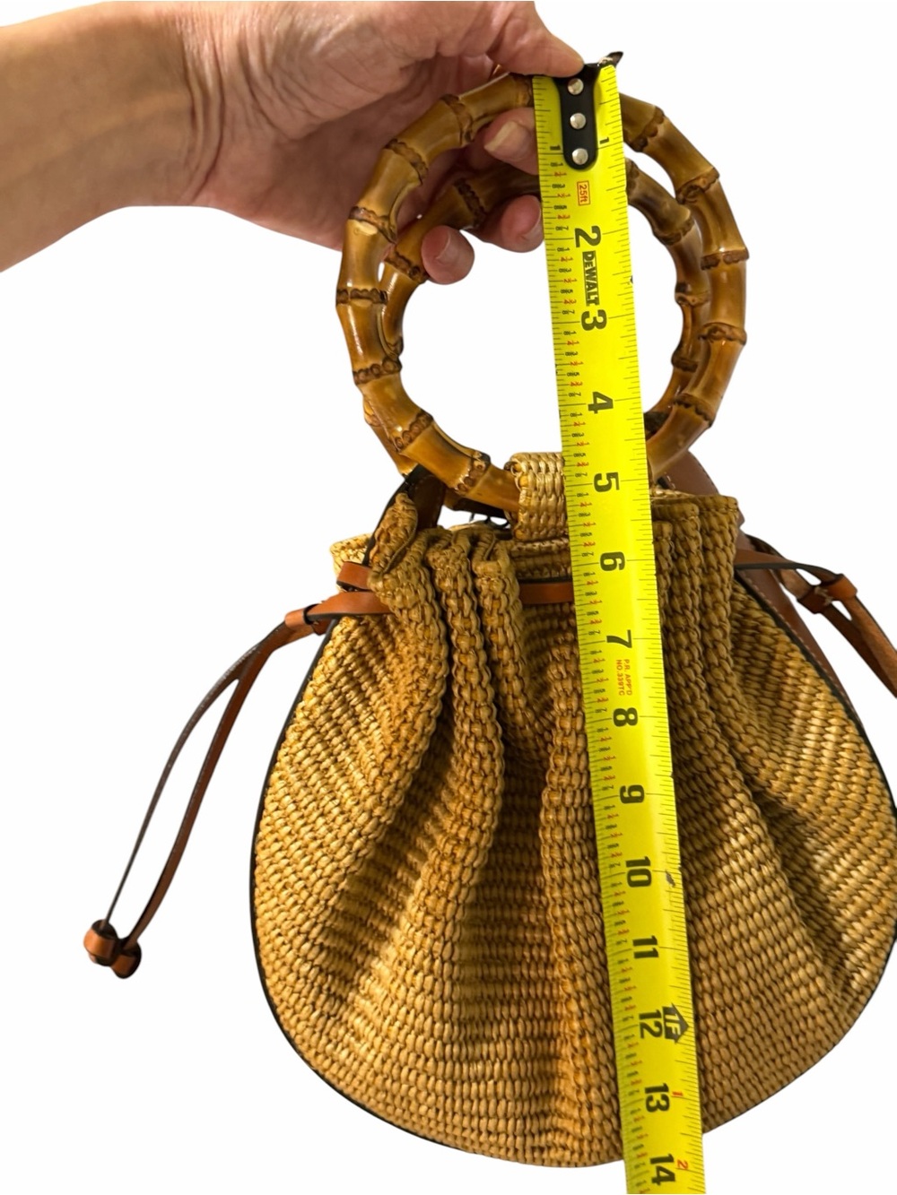 NWT CATERINA BERTINI Made in Italy Bamboo Handle Woven Bucket Bag Leather Trim - Picture 8 of 9